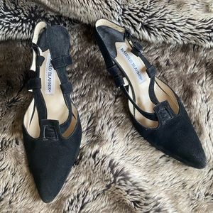 Manolo Blahnik black suede strappy pointed toe slingback heels 6.5
